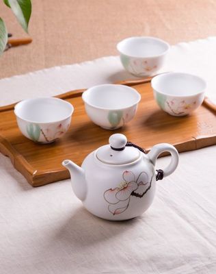 茶人岭·花开见禅 禅定手绘白瓷茶具茶盘6件套鉴赏